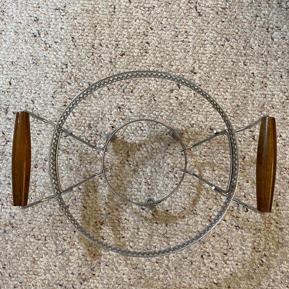 Teal glass serving bowl with teak handle silver metal carrier VTG '70's. - Picture 5 of 7